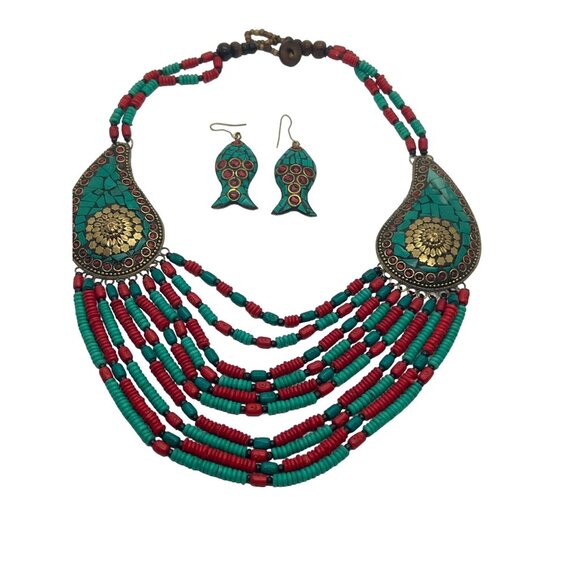 Red Turquoise Resin Bead Brass Necklace Fish Dangle Earrings Tribal Ethnic 20" - Picture 1 of 9